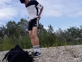Cute twink Jon Arteen wears black Adidas outfit, shows his underwear, walks freeballing, jerking missing throught his short shorts, cumming outdoor gay porn hot rod