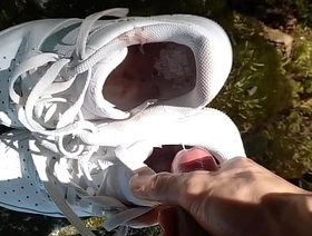 Twink jerks off his cock, squirts cum just about dirty smelly shoes, into white sneakers, Nike Air Stress Two AF1, it's a porn video for gay feet foot fetish lovers chinese gay porn live
